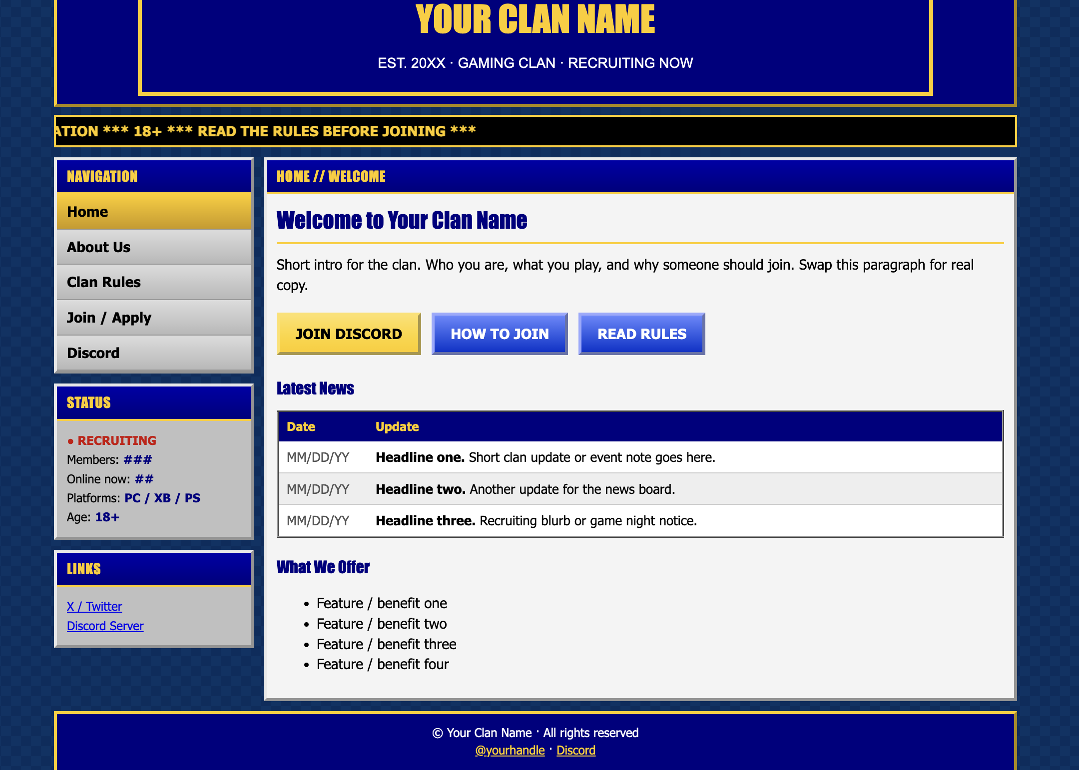 Retro clan site: blue and gold framed layout with left nav, recruiting status, news table, and What We Offer list