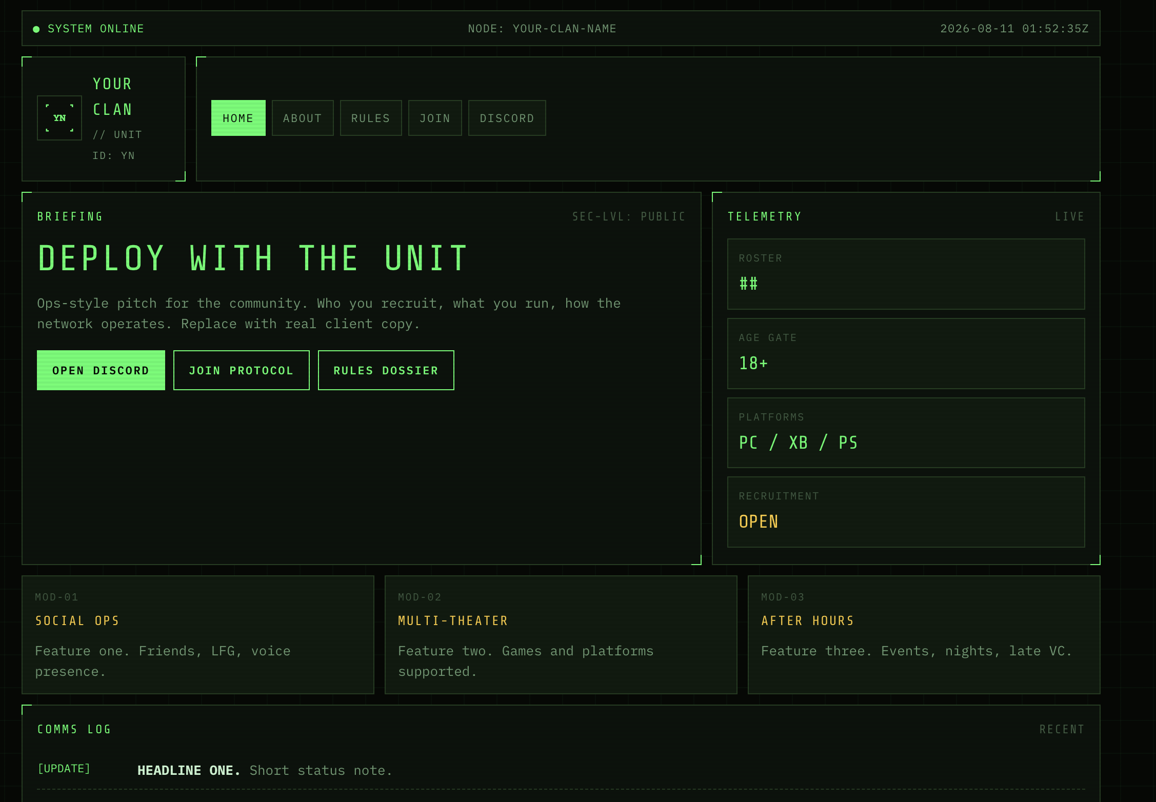 Tactical Ops clan interface: green-on-black grid HUD with DEPLOY WITH THE UNIT briefing, live telemetry panels, module cards, and comms log